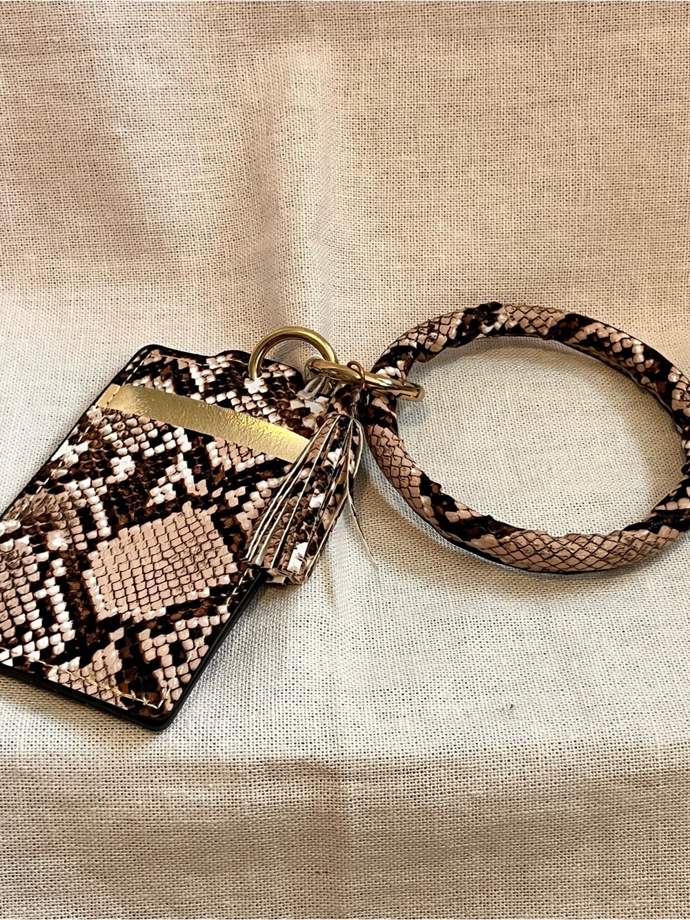 Snake-Print Wristlet Cardholder Keyring with Tassel - Beige/Brown